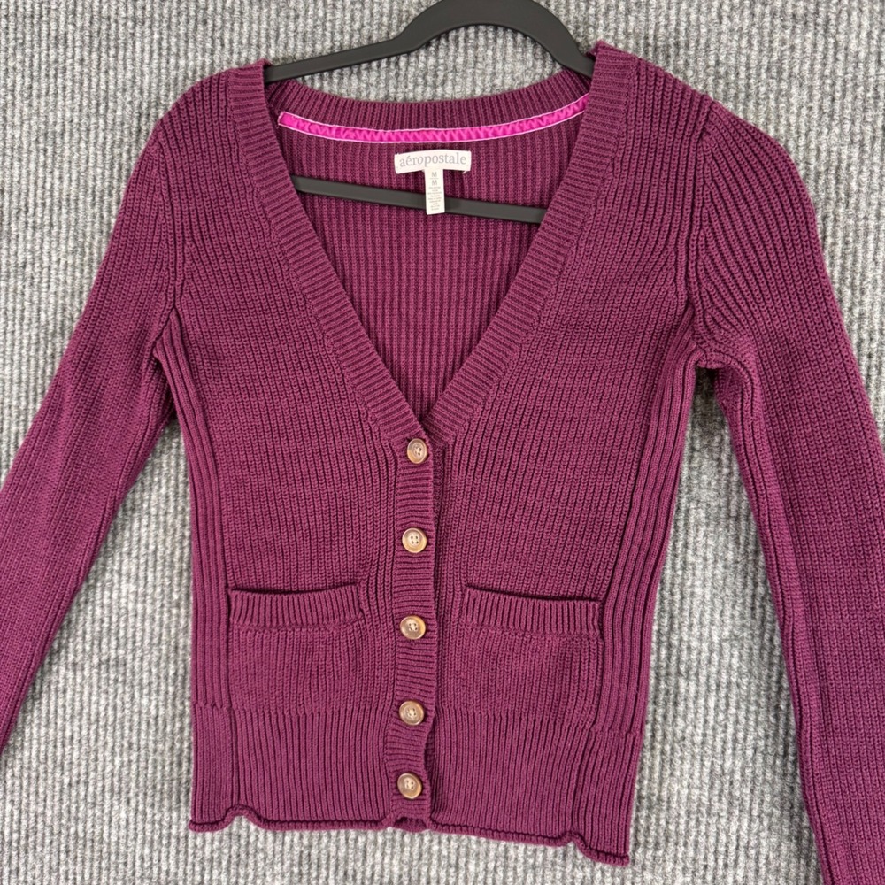 Aeropostale Ribbed Button Sweater Womens M Purple Coquette Preppy Chic Y2K Knit